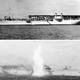 Top: Langley in 1937 following her conversion to seaplane tender. Bottom: a torpedo strikes Langley as she is scuttled in 1942. (US Navy)